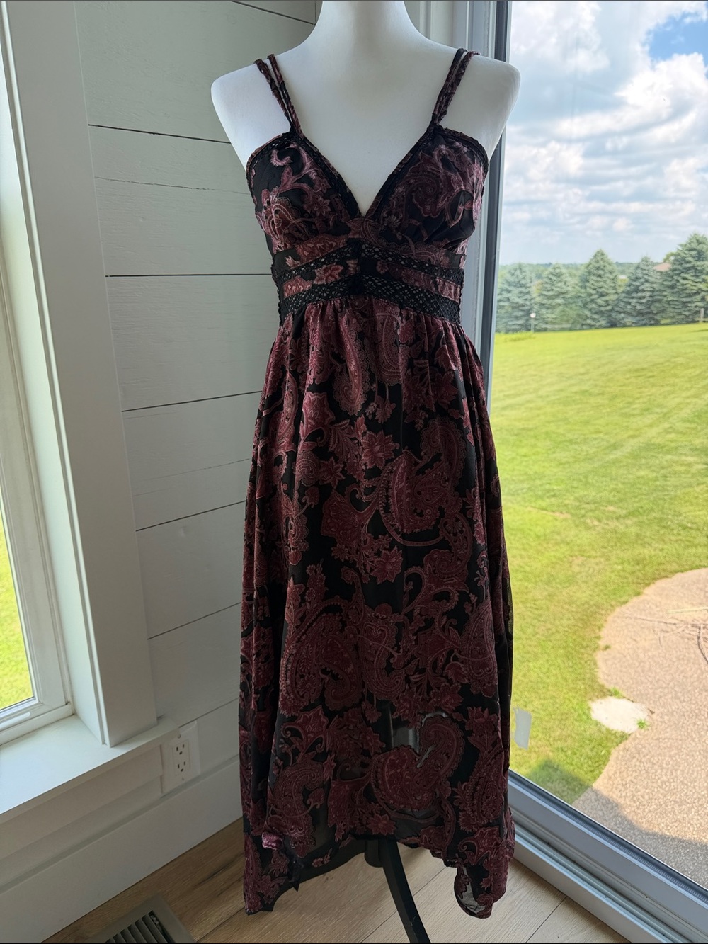 Angie Black and Burgundy Paisley Lace-Trim Maxi Dress